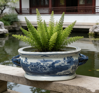 Bassin de Bain de Pieds en Porcelaine Bleue et Blanche Peinte à la Main, Style Antique de Jingdezhen, Motif Temple Montagneux, Pot de Plantes à Poignée