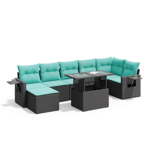 Set di divani da giardino in polyrattan nero da 8 pezzi con cuscini, mobili da esterno - Product Image 1