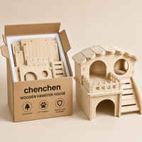 Maisonnette pour petits animaux en bois naturel, design à deux niveaux avec balcon, toit festonné, rampe courbe, montage facile, mobilier de cage pour hamster et gerbille