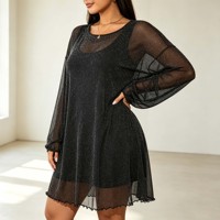 Tunique noire glamour à paillettes en maille transparente à manches longues et ourlet à volants pour soirée en club, taille personnalisée disponible