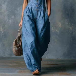 Casual Retro Denim Jumpsuit Sleeveless V Neck Wide Leg Jumpsuits Wholesale <strong>Loose</strong> Bohemian One Piece Rompers for Women Overalls - Product Image 2