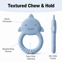 Anneau de dentition personnalisé en silicone pour bébé, motif requin, en silicone de qualité alimentaire, jouet à mâcher texturé pour nourrissons et bébés