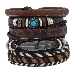 Stylish Men's Leather Bracelet Set With Small Turquoise Feather Accessories