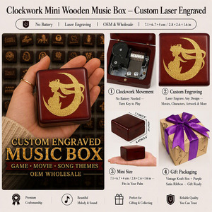 Boîte à musique en bois rouge bordeaux personnalisée, mini boîte à musique à remonter Sankyo, souvenir musical gravé au laser sur mesure, cadeau bijoux, vente en gros OEM - Product Image 2