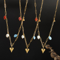 Collier créatif en acier titane plaqué or 18 carats avec perle d'eau douce, pendentif cœur et fleur de lotus, bijou botanique unique pour femme