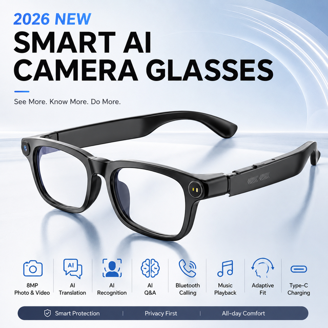 2026 New AI Smart Glasses 8MP HD Camera WiFi Video Recording Translation Object Recognition AI Assistant Phone Call Music Player