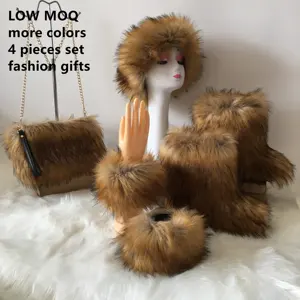 De moda encuentro regalos bajo MOQ 1 de lana conjunto de cuatro piezas botas de piel bolso wristfur gorros y sombreros de invierno cálido traje de las mujeres de