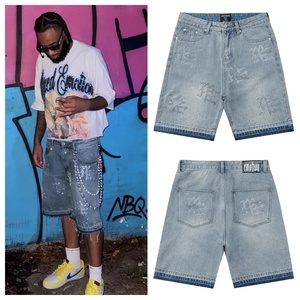 New MIXED EMOTION <strong>High</strong> Street Washed Vintage 100% Cotton Rhinestone Mid <strong>Waist</strong> Loose Straight Casual <strong>Denim</strong> <strong>Shorts</strong> for Men - Product Image 3