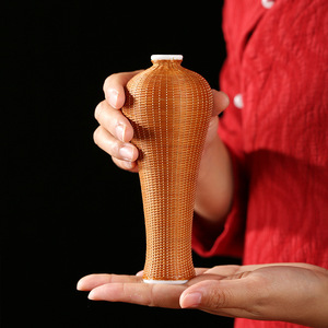 Handmade Bamboo Woven Ceramic <b>Vase</b> Round Asian Zen Style Decorative <b>Small</b> Plum <b>Vase</b> For Tea Room And Dining Table - Product Image 2