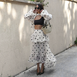 French Street Vacation Polka Dot Color Block Ruffle Asymmetrical <b>Skirt</b> Elegant Instagram Style Retro Relaxed Tiered Midi <b>Skirt</b> - Product Image 4