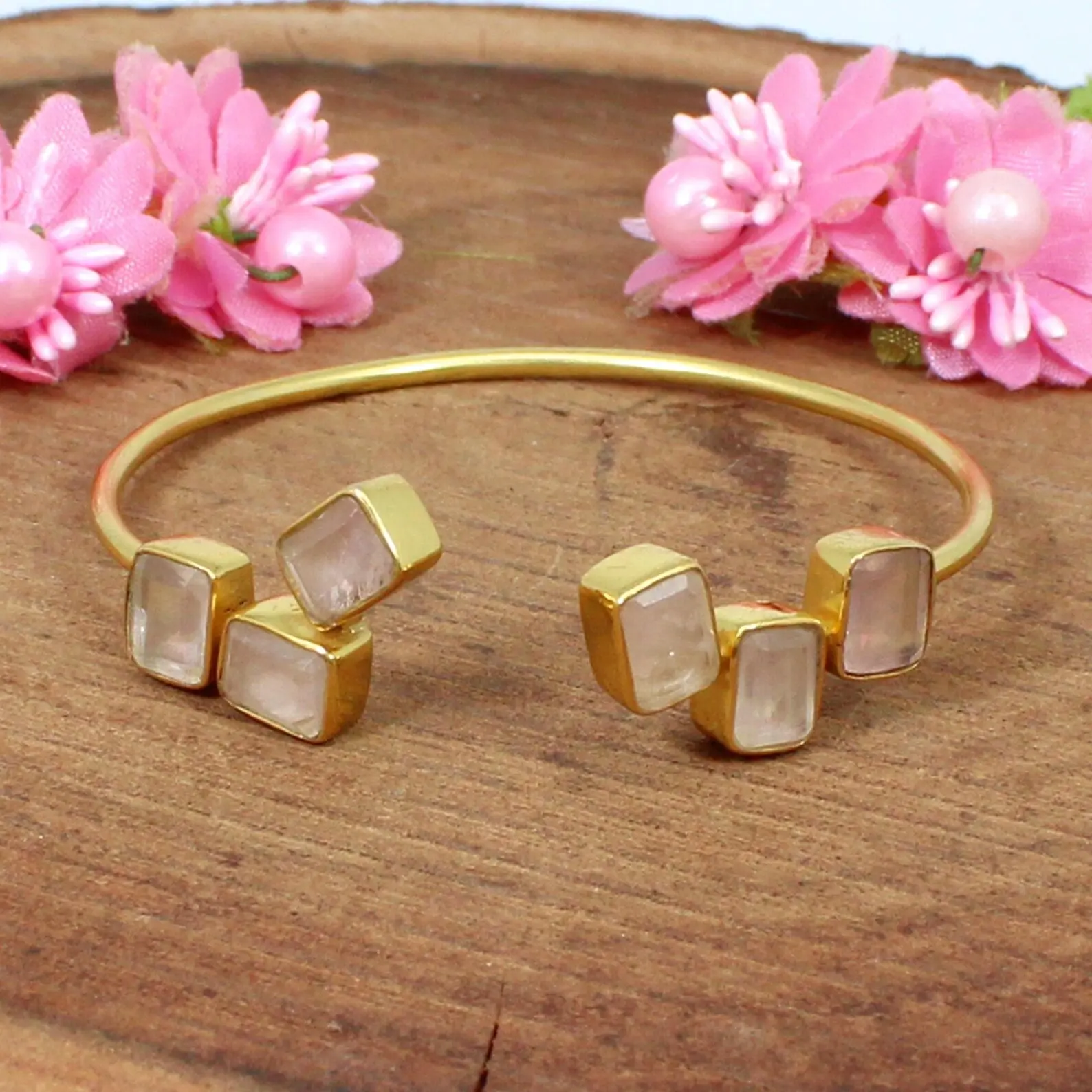 Rose Quartz Cuff Bracelet- Genuine Gemstone- Gold Plated Brass- Adjustable Bangle Jewelry- Bridesmaid Gift Handmade Cuff Bangle