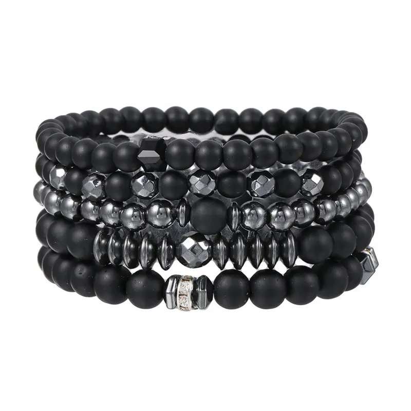 obsidian and lava adjustable multi-style couple with pendant black beads bracelet set