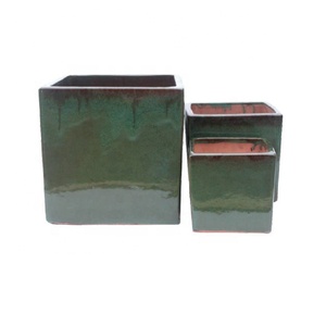 Pots de <span class=keywords><strong>fleurs</strong></span> en céramique, grand ensemble classique de 3 pots carrés en céramique émaillée pour cour - Product Image 1