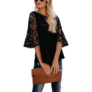 Blusa holgada de punto con encaje elegante para mujer, manga 3/4, color negro, talla S, para uso diario - Product Image 1