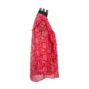 Chemisier en mousseline rouge à imprimé floral pour femme, col mandarin, manches ballon, coupe ample, haut long, style élégant printemps-été - Product Image 3