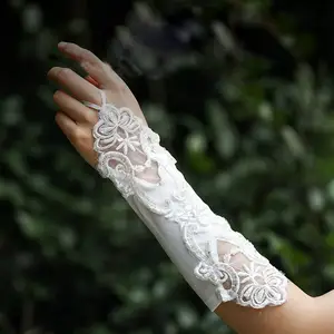 Gants de mariée en satin, lolita, manches pour voyage de mariage, photo, sans doigts, en dentelle pailletée