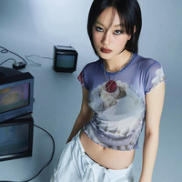 Korean Y2K Style Kawaii Girls manches courtes voir à travers le haut court en maille