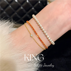 Pulsera Francesa de Doble Capa con Cuentas Rojas, Plata de Ley 925, Chapada en Oro, Joyería para Mujer, Regalo, Estilo Geométrico - Product Image 3