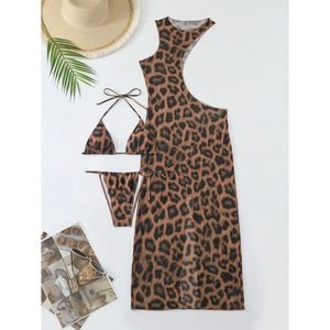 Women's Leopard Print 3 Piece Bikini Set Halter <b>Tie</b> Triangle With Cover Up Dress High Cut Swimwear Stretch Spandex Polyester - Product Image 4
