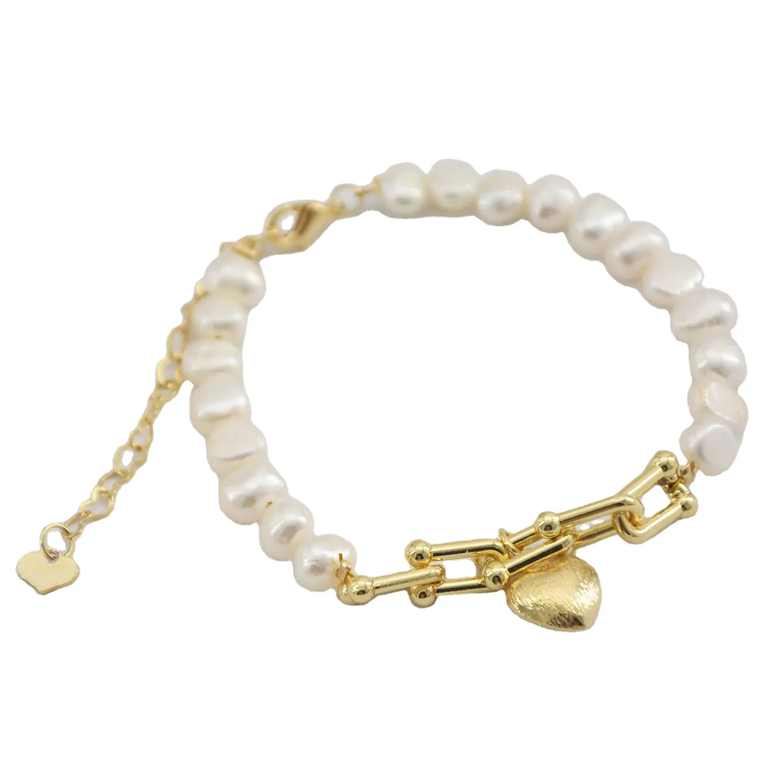 Fashion jewelry 14K gold plated stainless steel frosted heart charm pearl women's bracelet