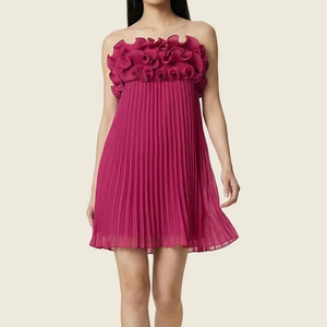 เดรสสั้นสีชมพูบานเย็นแบบจับจีบ แต่งระบาย ไม่มีสายคล้องไหล่ สำหรับผู้หญิง - เหมาะสำหรับงานเลี้ยงค็อกเทลสุดโรแมนติก และงานแต่งงาน - Product Image 2