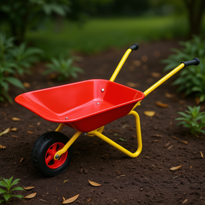 Brouette en métal pour enfants avec plateau en acier rouge et roue pleine, idéale pour le jardin, pour transporter manuellement feuilles, terre et sable - Product Image 2