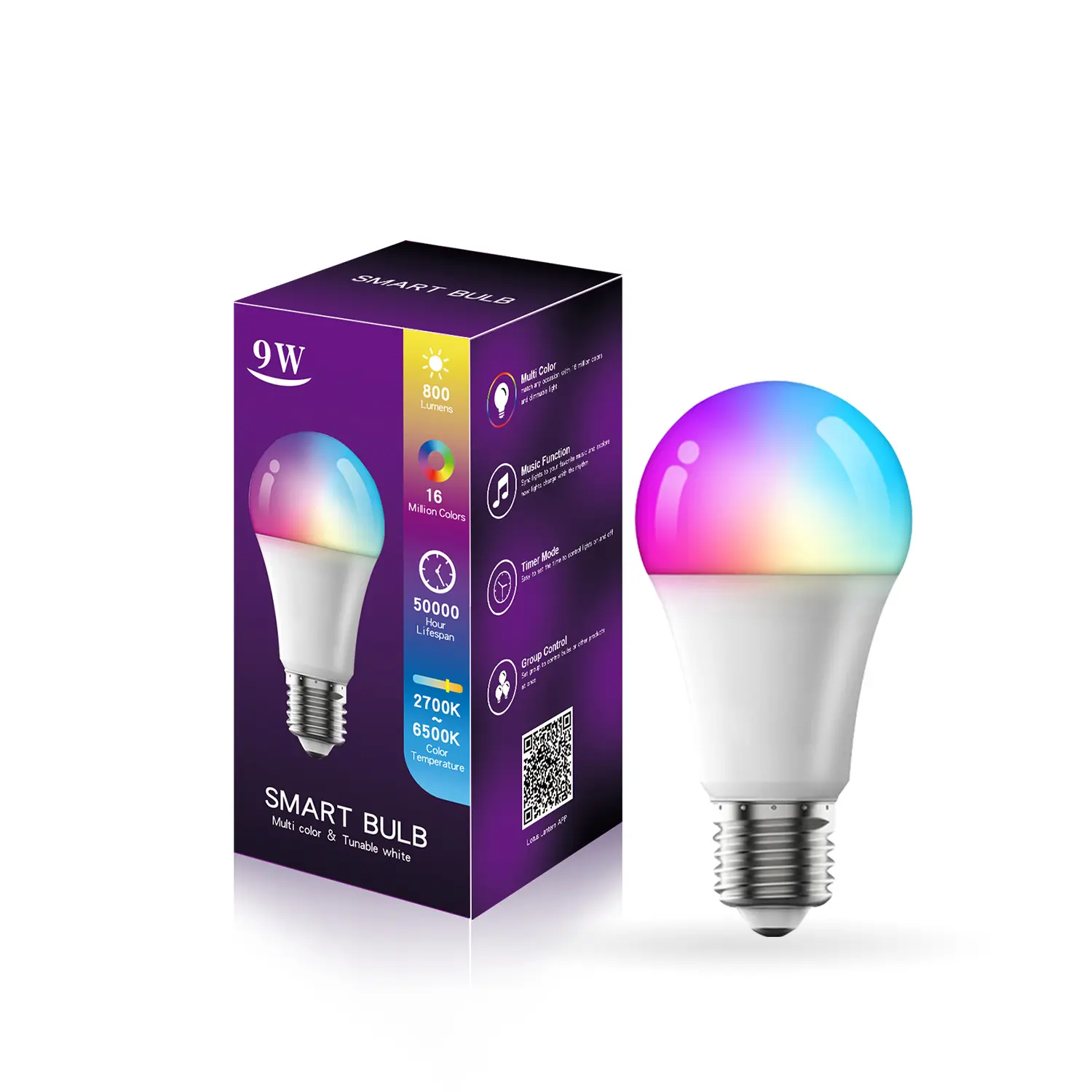 Smart Light Bulb Rgb Cold/Warm light Color Changing Dimmable Led Smart Bulb A19 E14 E27 E26 B22 9w Equivalent