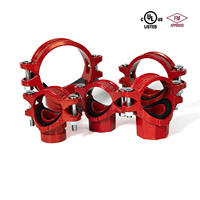 Raccord en T mécanique WFHSH homologué FM UL 2*1-1/4" pour système de lutte contre l'incendie, en fonte ductile, avec support fileté