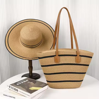Bolso Tote de Gran Capacidad para Mujer, con Cierre de Cremallera, Conjunto de Sombrero de Paja para Playa y Viaje, Sombrero Panamá de Verano