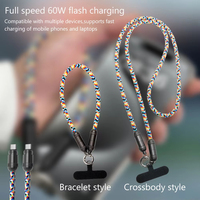 Bandoulière tressée de couleur 60w type-c câble de lanière 30cm dragonne et 120cm sangle de cou 3a câble de données de charge rapide