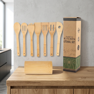 Ensemble d'ustensiles de cuisine en bambou 7 pièces, outils de cuisson écologiques en bois, cuillère, spatule, fourchette, lavage à la main uniquement - Product Image 3