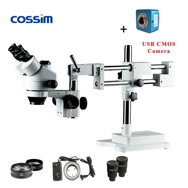 Professional 7X-45X Universal Bracket Double Boom Trinocular Stereo Boom Stand Microscope with USB 3.0 Camera & LED Ring Light