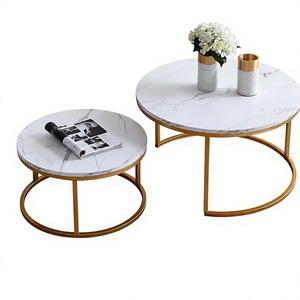 Table basse ronde extensible moderne avec plateau effet marbre et structure en métal, meubles de salon, meubles de maison - Product Image 3