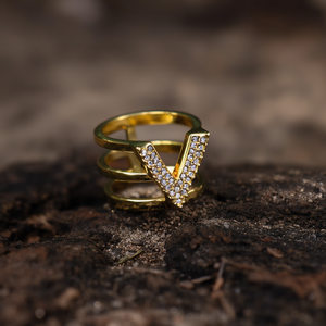 Fashion <b>Rings</b> 316L Stainless Steel PVD <b>Gold</b> Plating V Shape Crystal Inlay Stackable Design - Product Image 3
