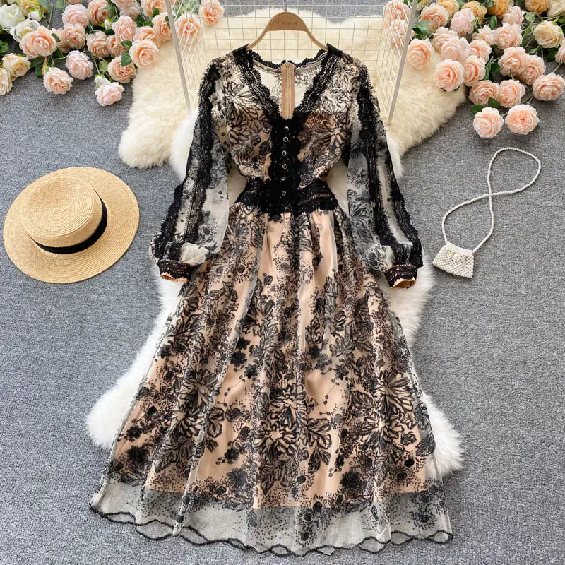 Palace Style Long Sleeve Dress Spring Autumn 2022 New Retro Embroidery Dress Embroidery Lace Mid-Length Formal Dress Women