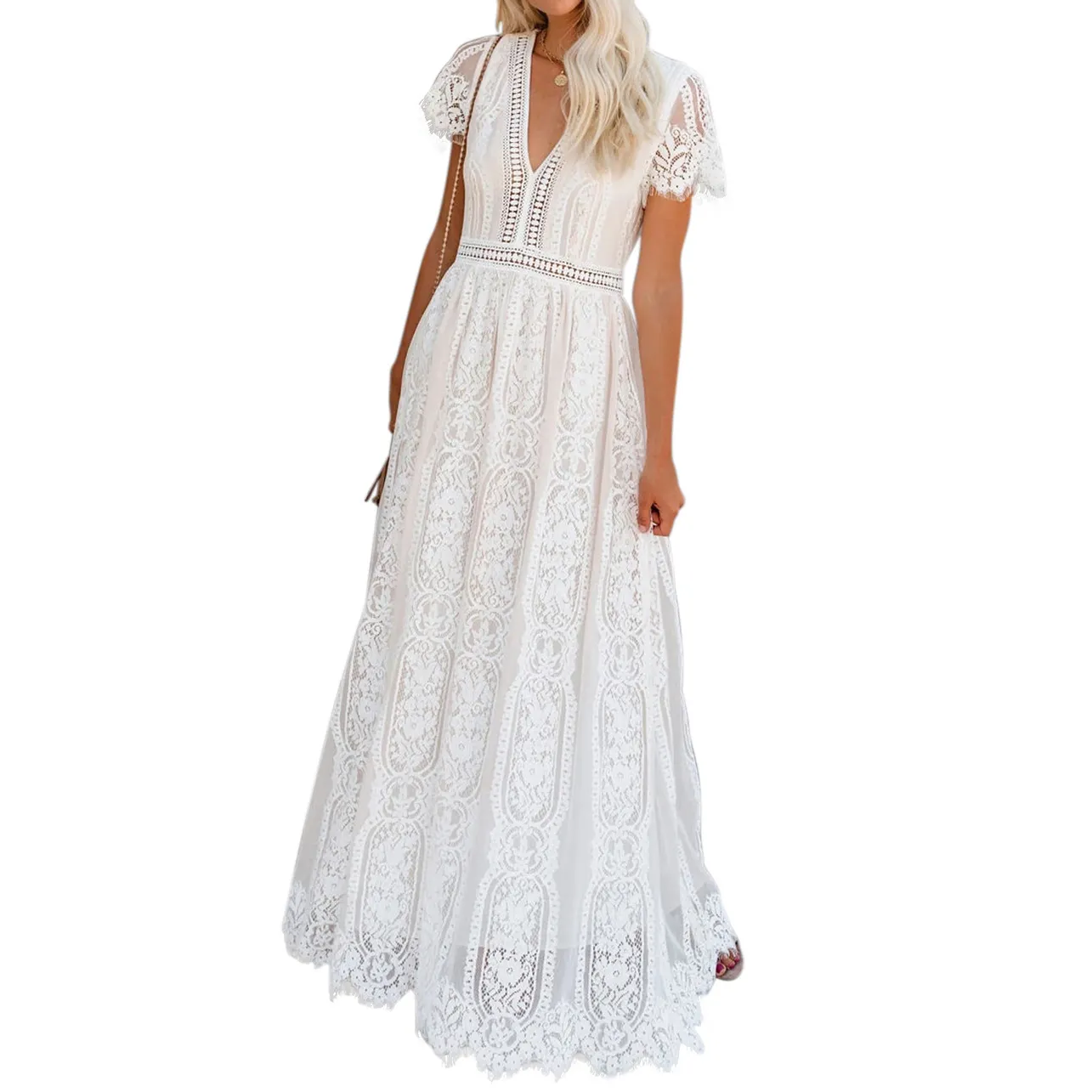 Fast Shipping Stock Wholesale Women Modern Long Lace Maxi Dress White