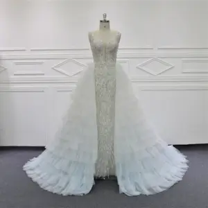 Sky Blue Shades 2 Pieces Wedding Dress Mermaid And Detachable Tiered Train Vestido De Noiva MK316