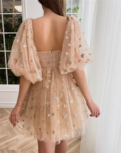 2023 Summer Elegant Custom Women Embellished Short Puff Sleeve Tulle <strong>Star</strong> Gilding Glitter Party Mini <strong>Dress</strong> - Product Image 2
