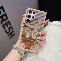 Coque de téléphone pour Samsung Galaxy S26 S25 Ultra S22 S23 S24 Plus, avec support robuste, motif floral et papillon, finition électro-plaquée miroir, en PC