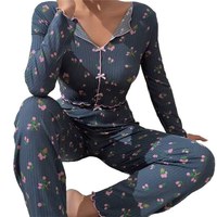 Ensemble de pyjama pour femmes, style européen et américain, vêtements de maison transfrontaliers, col en V, ourlet roulé, taille élastique, pantalon long, deux pièces, floral