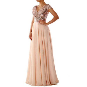 Robe de soirée longue en mousseline de soie à paillettes, col en V, rose, robe formelle d'été - Product Image 2