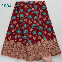 Dentelle en coton brodée africaine en gros avec strass, 5 yards de tissu en voile suisse pour robes de soirée pour femmes 5004