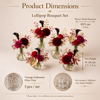 Rode gouden zijden handgemaakte, kleurechte kunstbloemen flesjesset, vintage Franse kleine bloemstukken voor bruiloft en diner