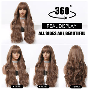 Precio al por mayor de fábrica Pelucas rizadas largas marrones castañas sintéticas con flequillo para mujeres negras <span class=keywords><strong>Peluca</strong></span> de aspecto natural ondulado - Product Image 6