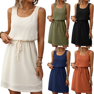Robes d'été pour femmes à col carré, sans manches, avec cordon de serrage, tendance - Product Image 1