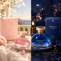 Flacon de parfum en verre transparent avec col doré et emballage assorti