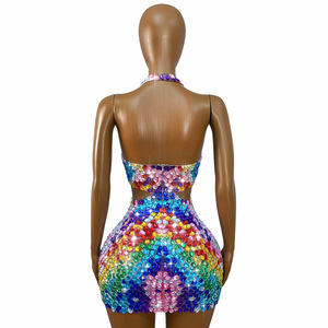 Robe mini licou personnalisée Ocstrade, entièrement ornée de strass arc-en-ciel, avec décolleté plongeant et découpes à la taille, style moulant, pour scène, chanteuse, performance en boîte de nuit - Product Image 6