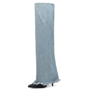 Custom Styles Women Denim Overlay Over Knee High Pants Boots Ladies High Heels Shoes Folded Pointed Toe Jeans Long <b>Booties</b> - Product Image 2