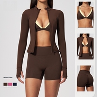 Nouvelle Collection 2026 – Ensemble de Sport 3 Pièces pour Femme : Veste Zippée à Séchage Rapide, Soutien-Gorge de Sport à Manches Longues et Couleurs Contrastées, et Short
