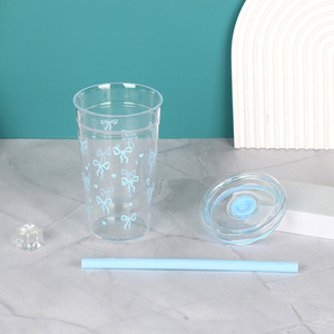 Vaso de una sola capa con pajita de 450 ml, diseño de lazo, pajitas multicolor tipo caramelo para agua, leche, té, café, uso unisex. - Product Image 4